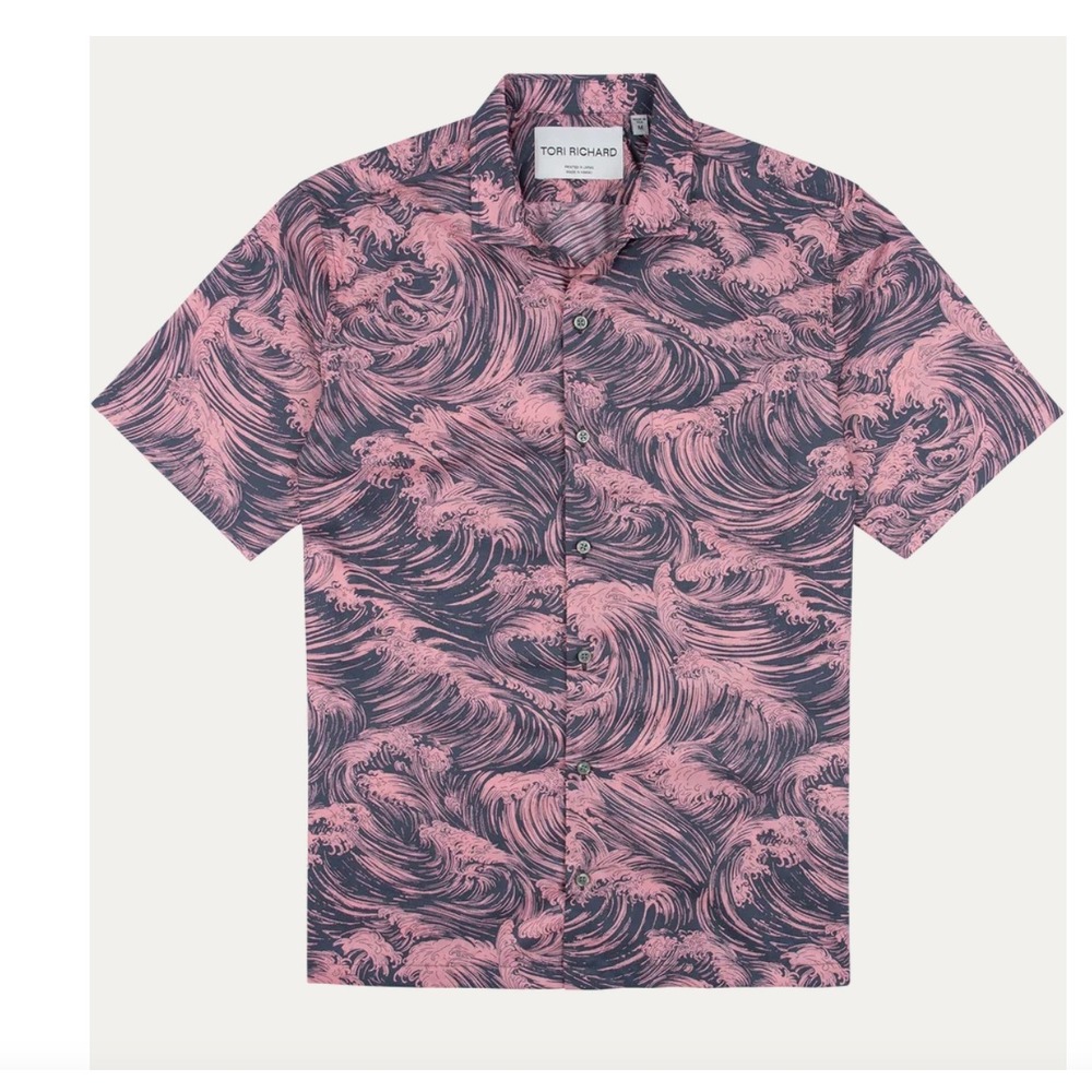 Tori Richard Gnarly Button Up Shirt Mens L Pink Japanese Art Hawai USA Madei